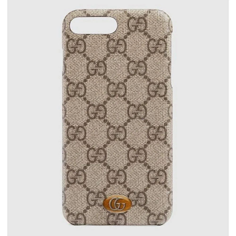 GUCCI Ophidia iPhone 8 Plus Case Beige GG Supreme Canvas Gold-Tone Hardware NWT